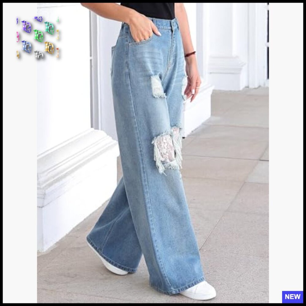 Distressed Barrel Jeans Mid Rise Straight Wide Leg Pull On Denim Pants - Picture 2 of 7